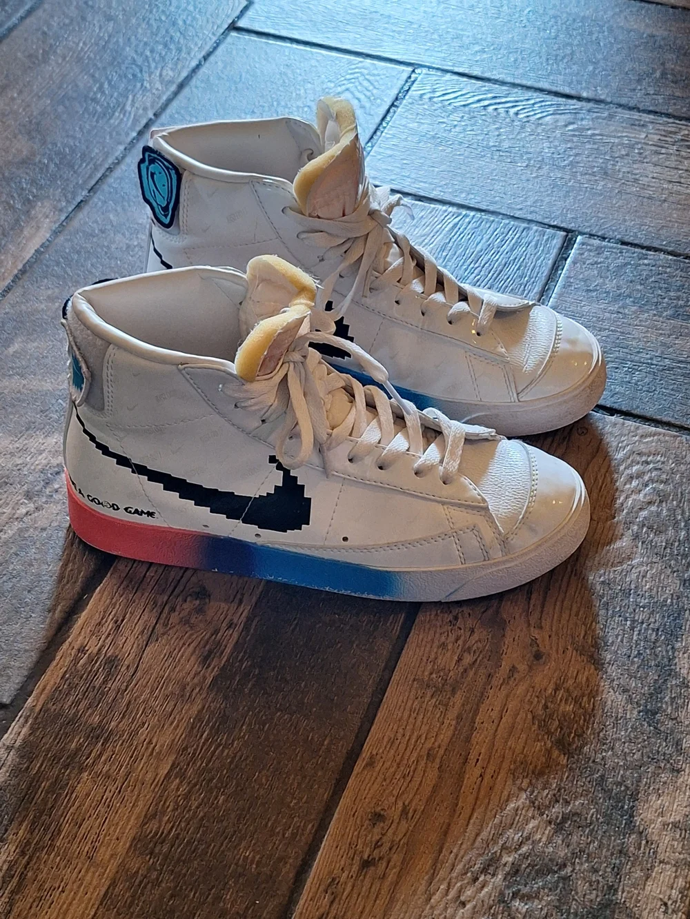 Nike Blazer Mid Pixel Swoosh White with Black and Gradient Red-Blue Midsole